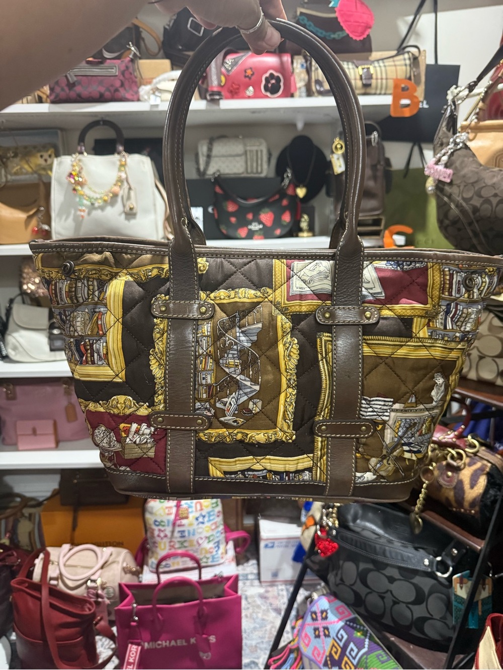 J Crew- Rare in Quilted Pattern Tote Bag in Brown and Gold